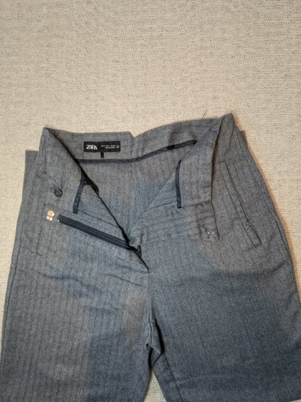 ZARA Navy Blue & Gray Herringbone Tailored Trousers Size M